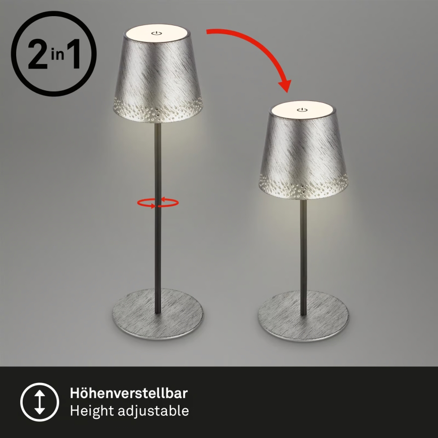 Brilo - KIKI LED-Außen-Tischlampe, dimmbar, wiederaufladbar mit Touch-Bedienung, LED/2,6W/5V, IP44, 2600 mAh, silber