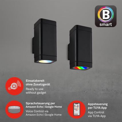 Briloner 3675-025 - Dimmbare LED-RGBW-Wandleuchte für den Außenbereich 2xLED/8,5W/230V 3000-6500K Wi-Fi Tuya IP44 schwarz