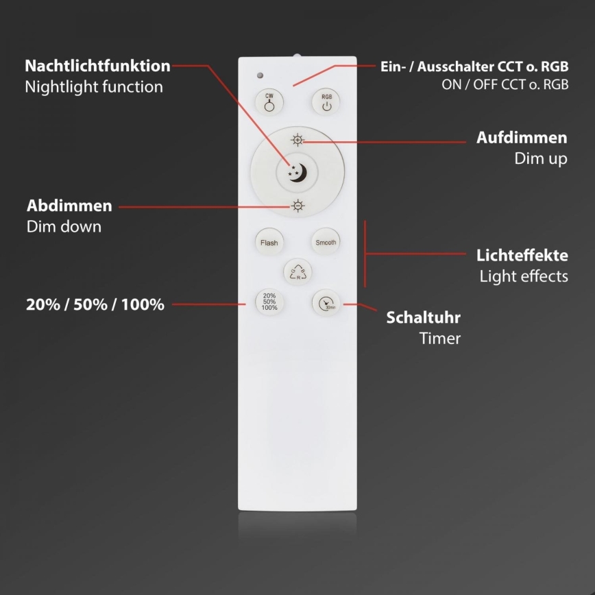 Briloner 3709-015 - Dimmbare LED-RGBW-Deckenleuchte LED/22W/230V 4000K d 38 cm schwarz + Fernbedienung