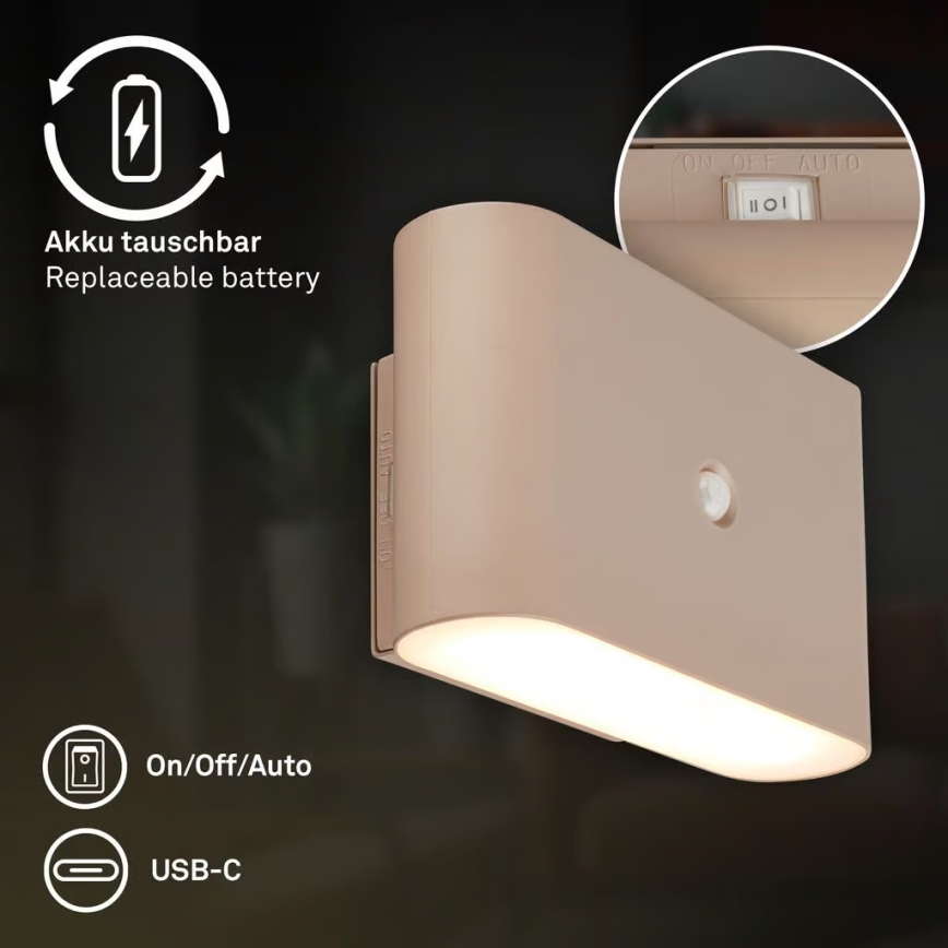 Briloner 3878011 - Wiederaufladbare LED-Wandleuchte CHAT mit Bewegungs- und Dämmerungssensor LED/3W/5V 2000 mAh beige