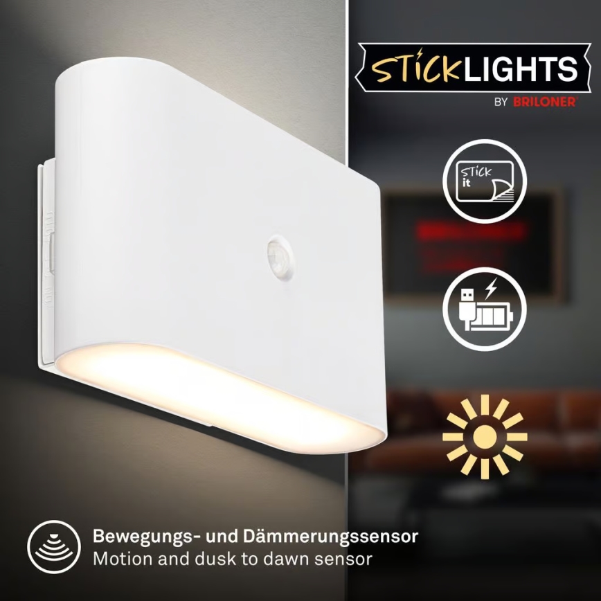 Briloner 3878016 - Wiederaufladbare LED-Wandleuchte mit Bewegungs- und Dämmerungssensor CHAT LED/3W/5V 2000 mAh weiß