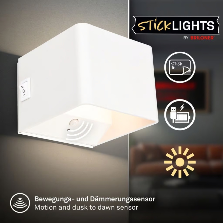 Briloner 3879016 - Wiederaufladbare LED-Wandleuchte mit Sensor BORRA LED/1,5W/5V 3600 mAh weiß