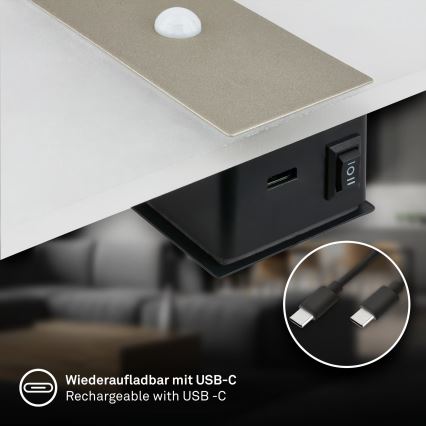 Briloner 3888012 - Wiederaufladbare LED-Wandleuchte mit Bewegungs- und Dämmerungssensor AURA LED/2,5W/5V 1800 mAh mattchrom