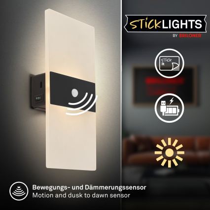 Briloner 3888015 - LED-Akku-Wandleuchte AURA mit Bewegungs- und Dämmerungssensor, LED/2,5W/5V, 1800 mAh, schwarz