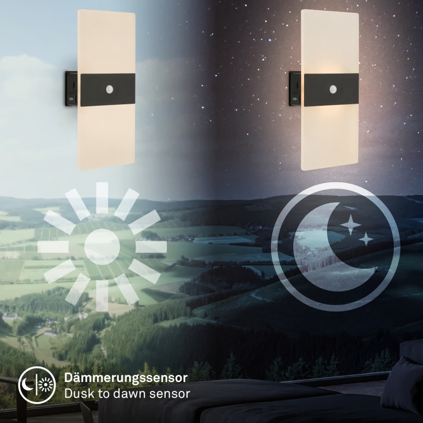 Briloner 3888015 - LED-Akku-Wandleuchte AURA mit Bewegungs- und Dämmerungssensor, LED/2,5W/5V, 1800 mAh, schwarz