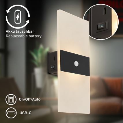 Briloner 3888015 - LED-Akku-Wandleuchte AURA mit Bewegungs- und Dämmerungssensor, LED/2,5W/5V, 1800 mAh, schwarz