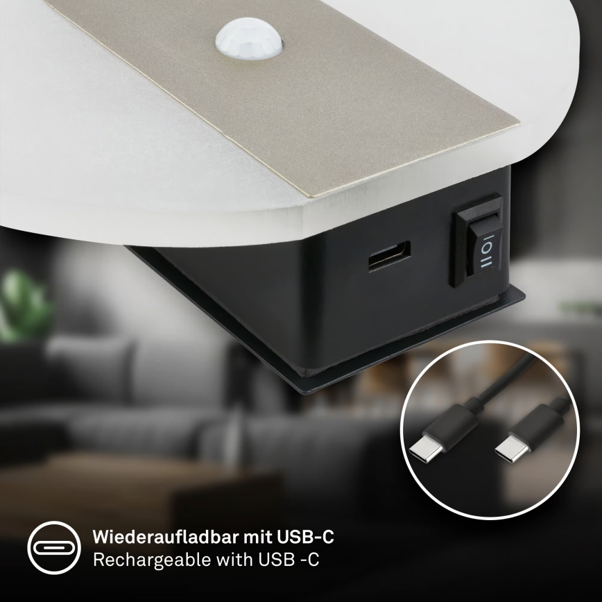 Briloner 3889012 - LED wiederaufladbare Wandleuchte mit Bewegungs- und Dämmerungssensor TARO LED/2,5W/5V 1800 mAh mattchrom