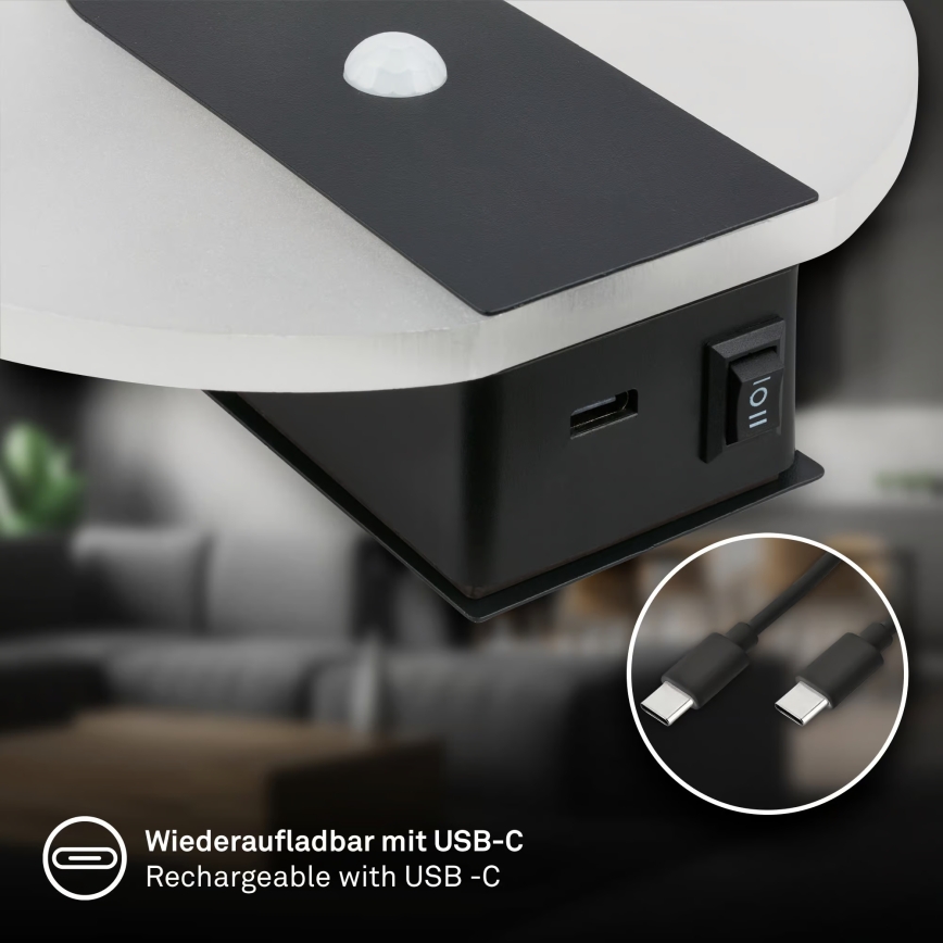 Briloner 3889015 - Wiederaufladbare LED-Wandleuchte TARO mit Bewegungs- und Dämmerungssensor LED/2,5W/5V 1800 mAh schwarz