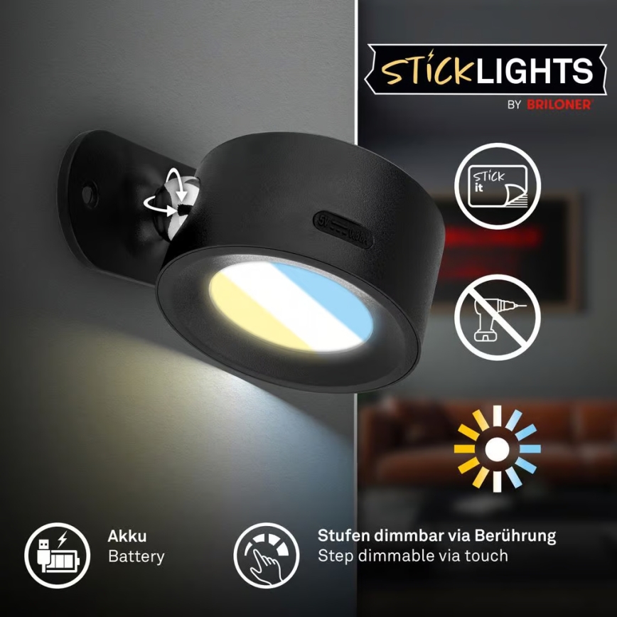 Briloner 3896015 - LED-dimmbare, wiederaufladbare Wandleuchte TARI LED/1,6W/5V 1500 mAh schwarz