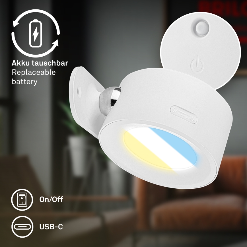 Briloner 3896016 - LED-dimmbare, wiederaufladbare Wandleuchte TARI LED/1,6W/5V 1500 mAh weiß