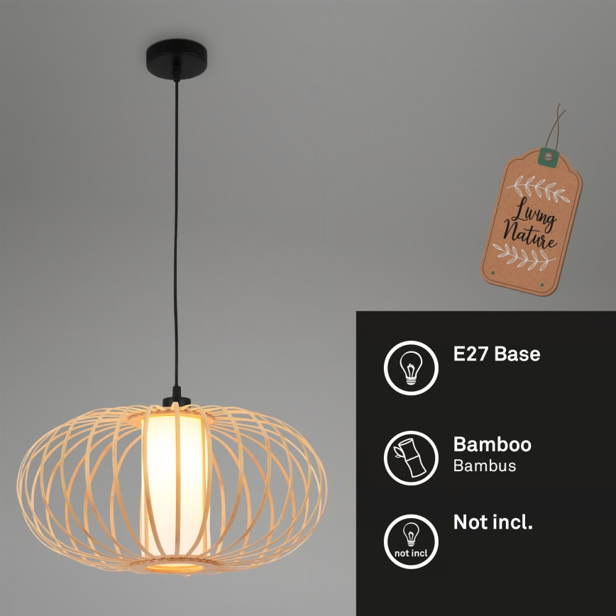 Briloner 4759011 - Pendelleuchte an Kabel 1xE27/10W/230V schwarz/Bambus
