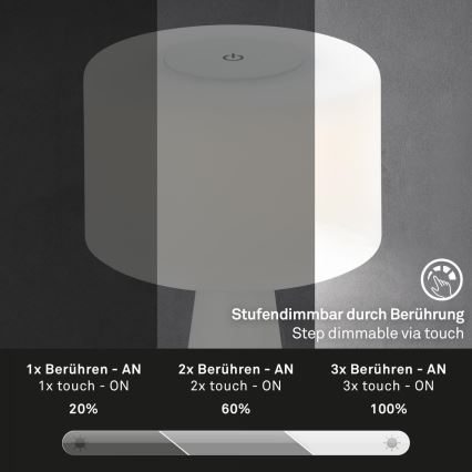 Briloner 7420016 - Dimmbare, aufladbare LED-Touch-Tischleuchte für den Außenbereich LED/4W/5V IP44 3000K weiß