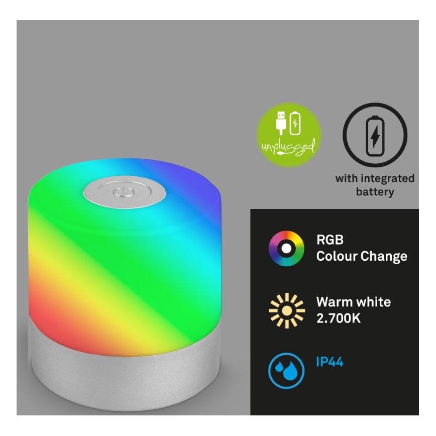 Briloner 7462014 - LED RGB Aufladbare Outdoor-Tischleuchte LED/1,5W/5V IP44 1200 mAh matt Chrom