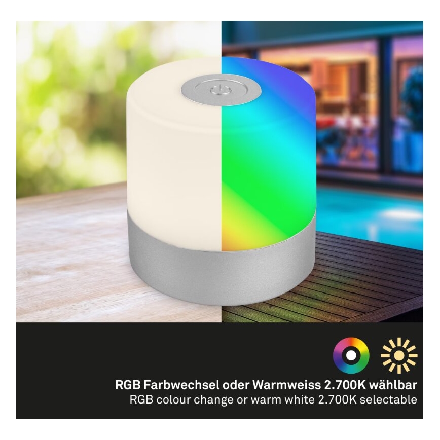 Briloner 7462014 - LED RGB Aufladbare Outdoor-Tischleuchte LED/1,5W/5V IP44 1200 mAh matt Chrom