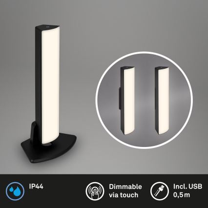 Briloner 7474-015 - LED dimmbare, berührungsaktivierte, wiederaufladbare Outdoor-Tischlampe 2in1 LED/7W/5V 2x2200 mAh USB 3000K IP44 schwarz