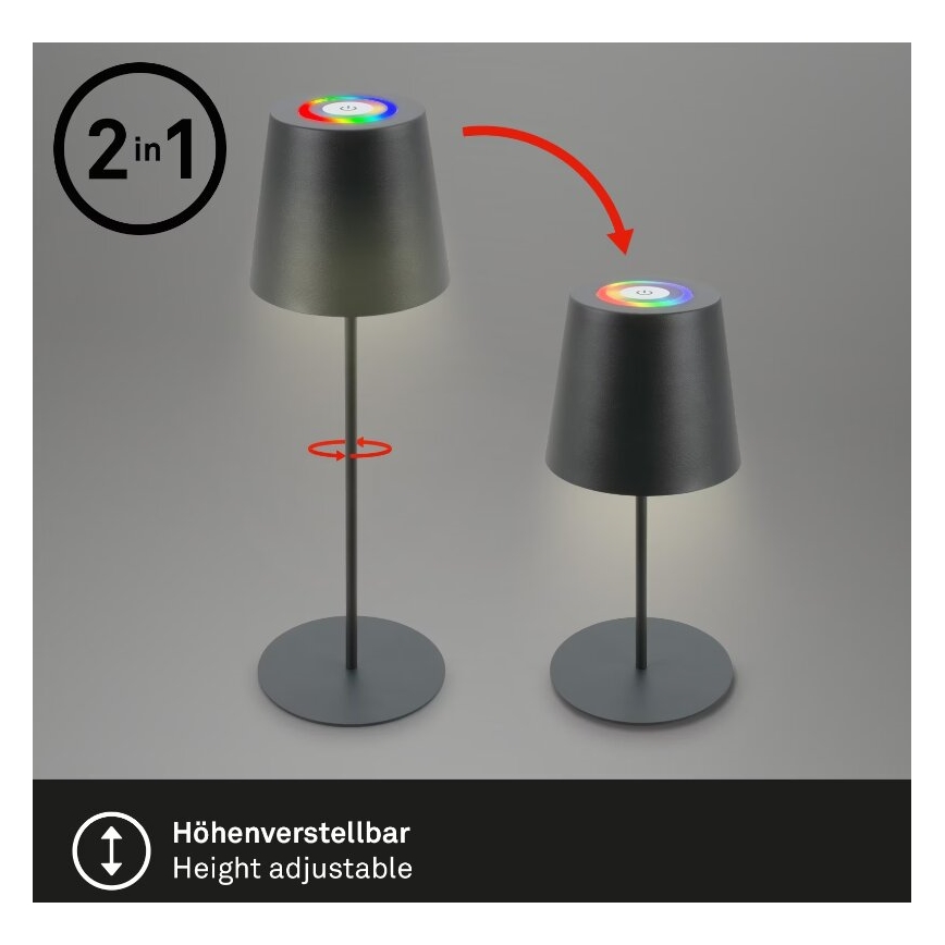 Briloner 7507015 - LED RGB, dimmbar, wiederaufladbare Außen-Tischlampe 2-in-1 LED/2,5W/5V IP44 1200 mAh Anthrazit