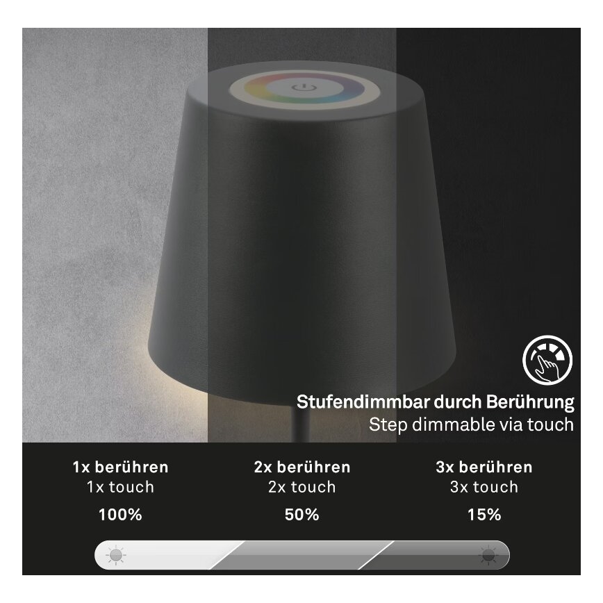 Briloner 7507015 - LED RGB dimmbare wiederaufladbare Outdoor-Tischlampe 2in1 LED/2,5W/5V IP44 Anthrazit