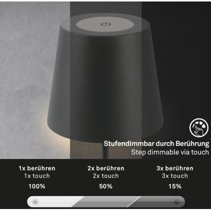 Briloner 7508015 - Dimmbare, aufladbare LED-Outdoor-Tischleuchte 2-in-1 LED/2,5W/5V IP44 anthrazit