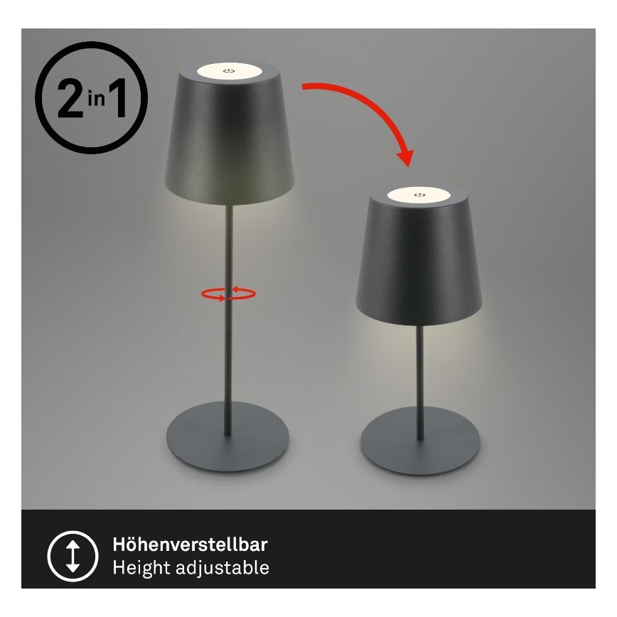 Briloner 7508015 - Dimmbare, aufladbare LED-Outdoor-Tischleuchte 2-in-1 LED/2,5W/5V IP44 anthrazit