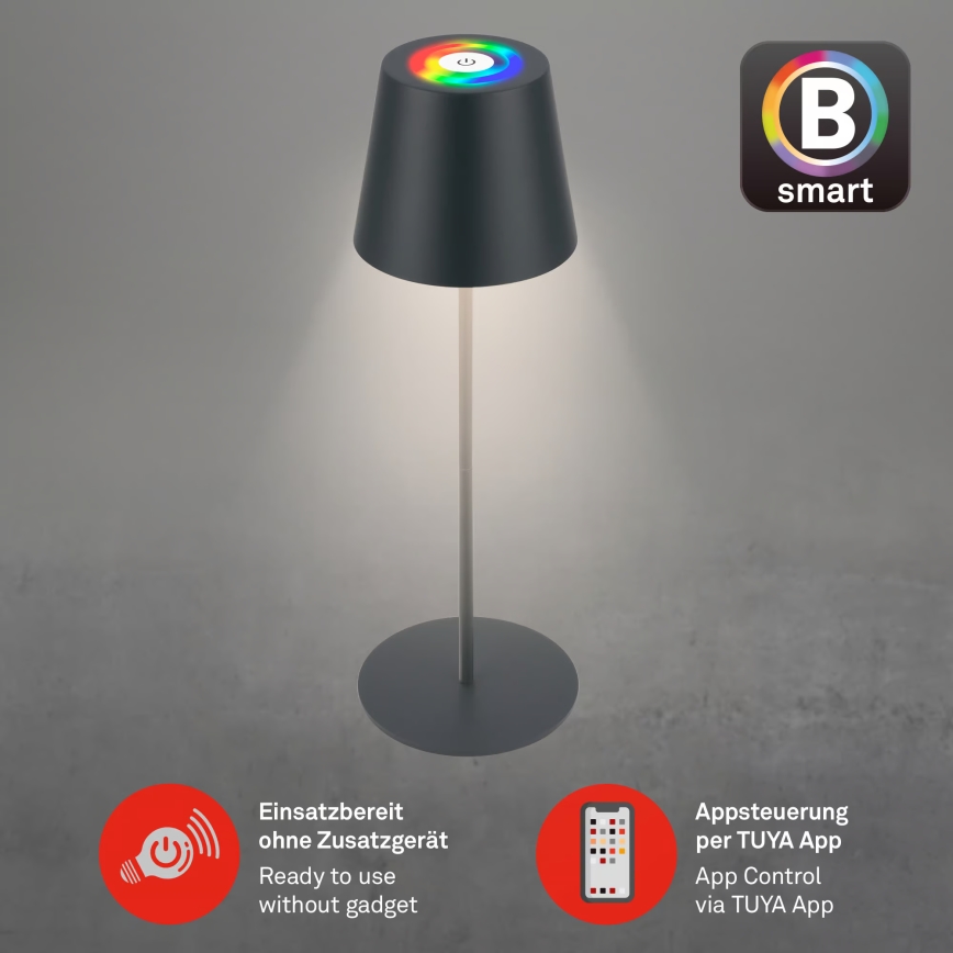 Briloner 7559015 - LED RGB dimmbare, wiederaufladbare Tischleuchte für den Außenbereich COLORIS LED/3,5 W/5 V IP44 2000 mAh anthrazit Wi-Fi Tuya