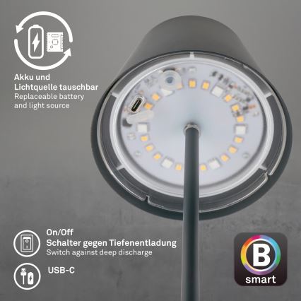 Briloner 7559015 - LED RGB dimmbare, wiederaufladbare Tischleuchte für den Außenbereich COLORIS LED/3,5 W/5 V IP44 2000 mAh anthrazit Wi-Fi Tuya