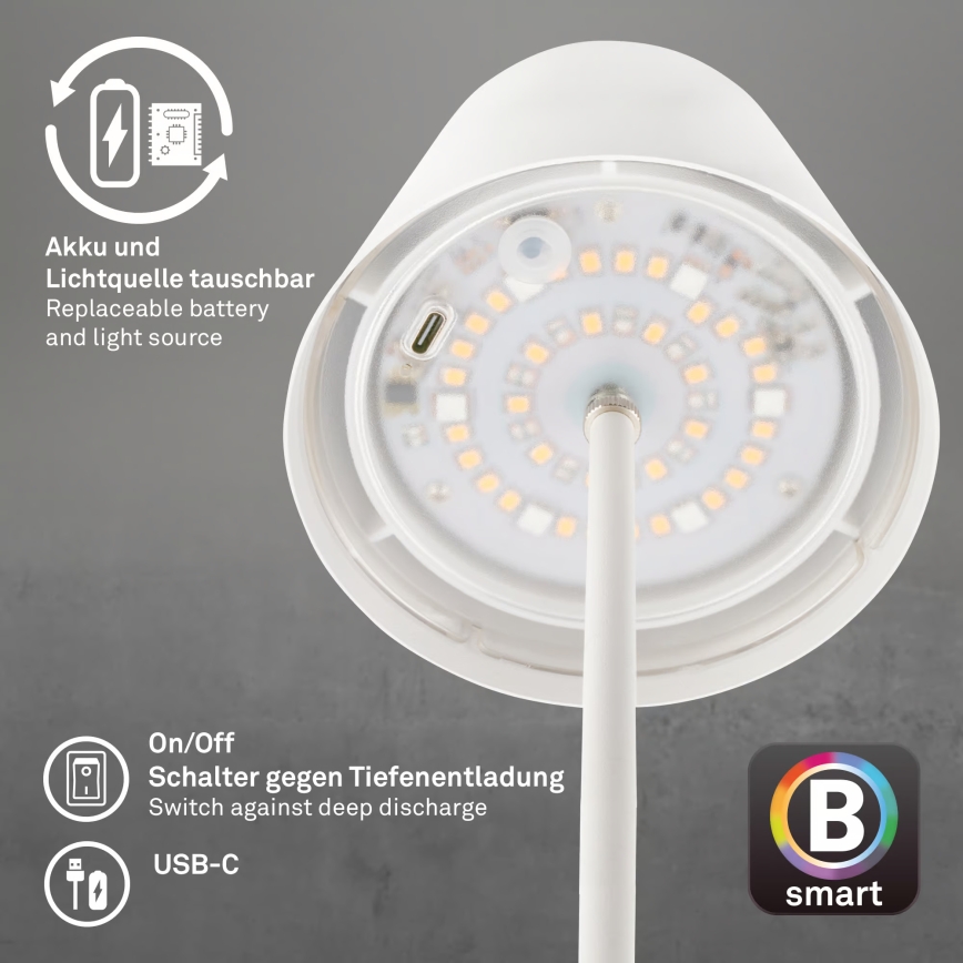 Briloner 7559016 - Dimmbare, wiederaufladbare RGB-LED-Outdoor-Tischleuchte COLORIS LED/3,5W/5V IP44 2000 mAh Wi-Fi Tuya