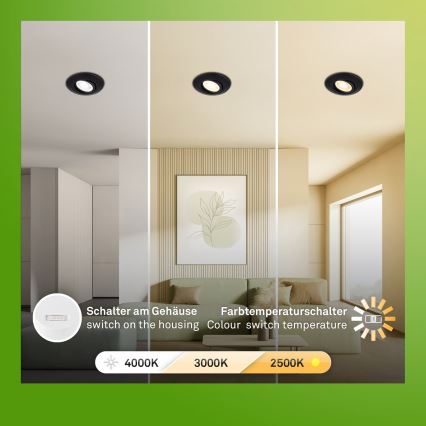 Briloner 7587035 - 3er-Set dimmbare Badezimmer-Einbauleuchten KLIRA 1xLED/4,9W/230V 2500/3000/4000K IP23 schwarz