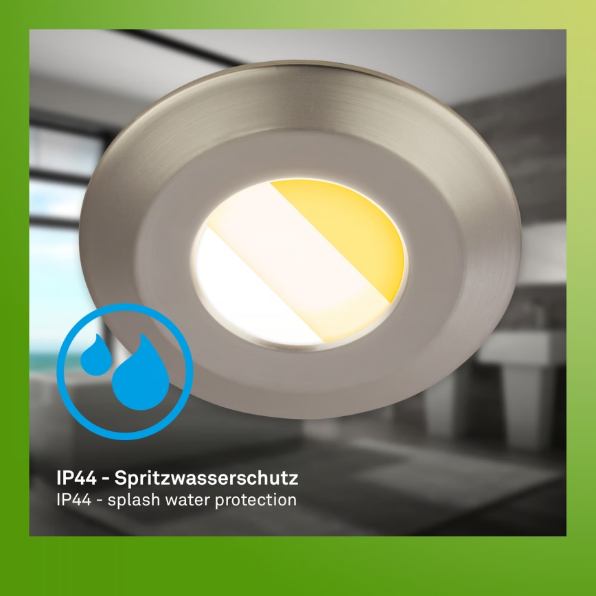 Briloner 7588032 - 3er-Set LED-Badezimmer-Einbauleuchten KLIRA, 1x LED/4,9 W/230 V, 2500/3000/4000 K, IP44, mattchrom