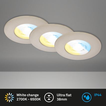 Briloner 7605032 - 3er-Set LED-Einbauleuchten für Badezimmer, LED/4,9W/230V, 2700/4000/6500K, IP44, matt-chrom