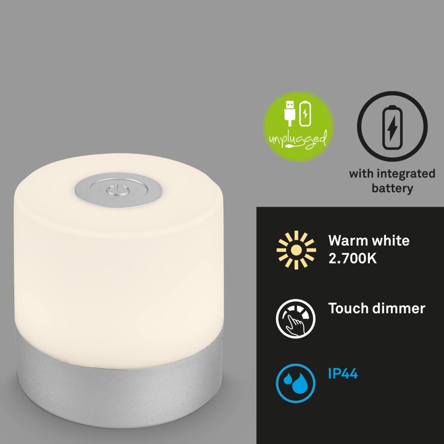 Briloner - LED, dimmbar, wiederaufladbar, Touch-Außen-Tischleuchte LED/2W/5V 2700K IP44 1200 mAh mattchrom