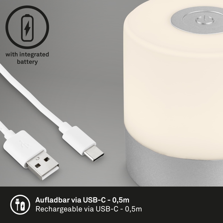Briloner - LED, dimmbar, wiederaufladbar, Touch-Außen-Tischleuchte LED/2W/5V 2700K IP44 1200 mAh mattchrom
