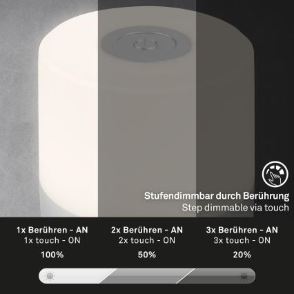 Briloner - LED, dimmbar, wiederaufladbar, Touch-Außen-Tischleuchte LED/2W/5V 2700K IP44 1200 mAh mattchrom