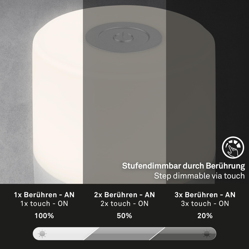 Briloner - LED, dimmbar, wiederaufladbar, Touch-Außen-Tischleuchte LED/2W/5V 2700K IP44 1200 mAh mattchrom