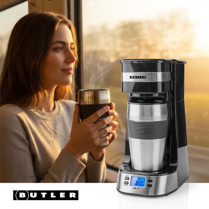 Butler - Ein-Tassen-Kaffeemaschine 0,4 l mit Timer und Reisebecher 750W/230V Edelstahl/schwarz