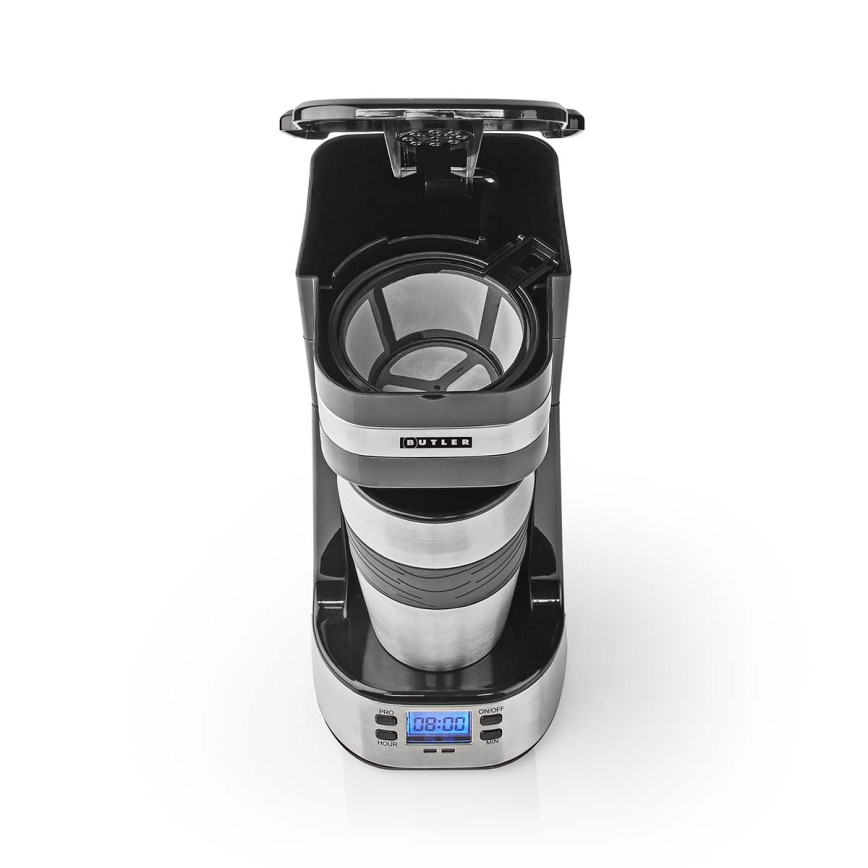 Butler - Ein-Tassen-Kaffeemaschine 0,4 l mit Timer und Reisebecher 750W/230V Edelstahl/schwarz