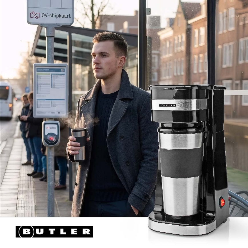 Butler – Kaffeemaschine für eine Tasse 0,4 l mit Reisebecher, 750 W/230 V, Edelstahl/Schwarz