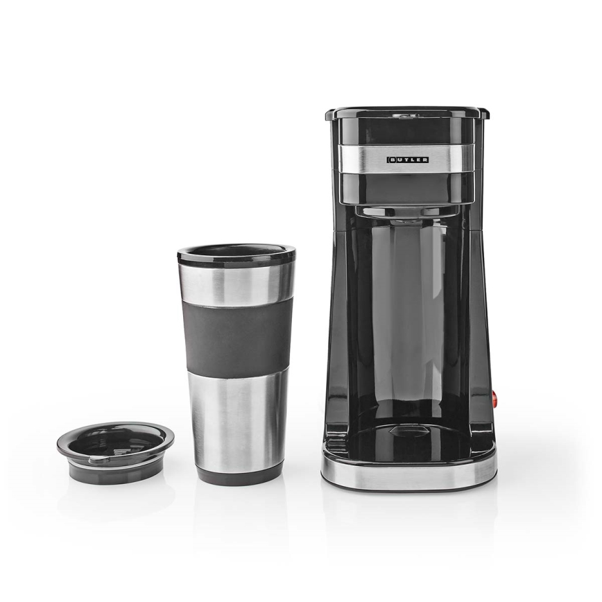Butler – Kaffeemaschine für eine Tasse 0,4 l mit Reisebecher, 750 W/230 V, Edelstahl/Schwarz