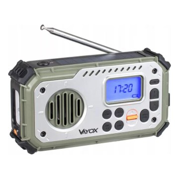 Camping-Radio mit Kurbel, Solarpanel und LED-Taschenlampe mit Powerbank-Funktion, 5 V / 3×AAA / 2000 mAh, IPX4, grün