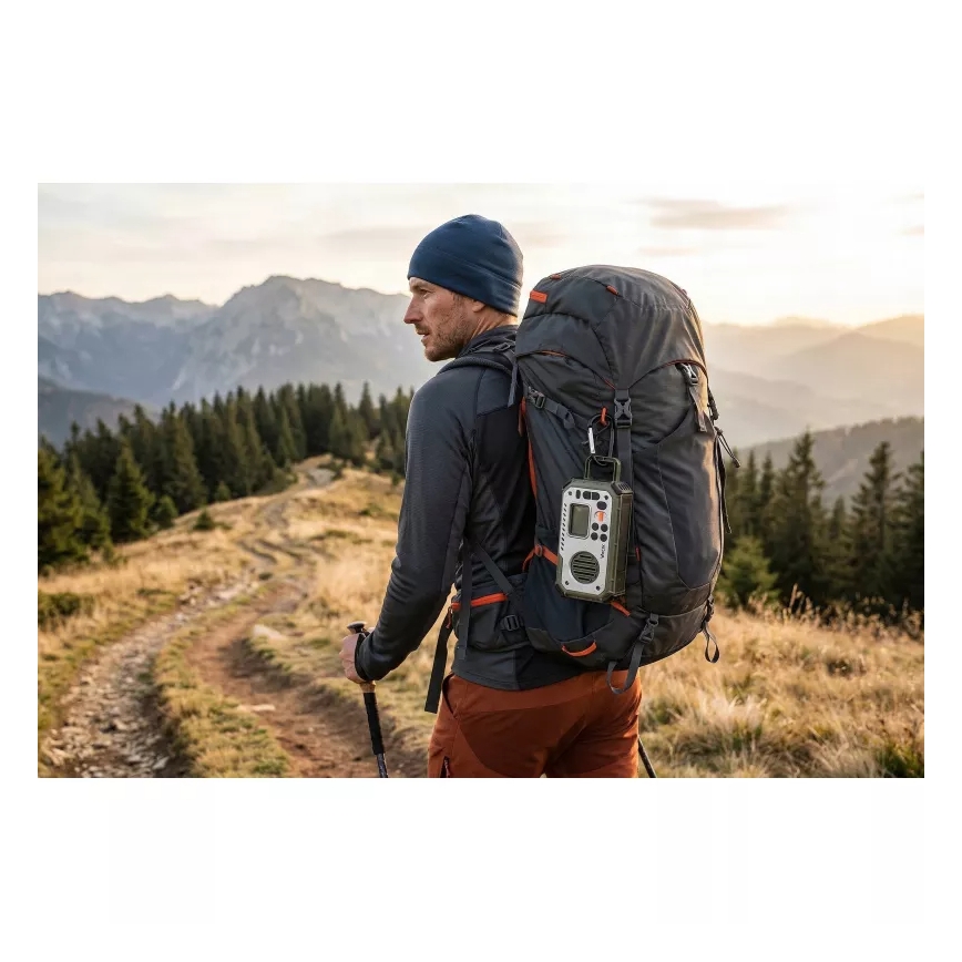 Camping-Radio mit Kurbel, Solarpanel und LED-Taschenlampe mit Powerbank-Funktion, 5 V / 3×AAA / 2000 mAh, IPX4, grün