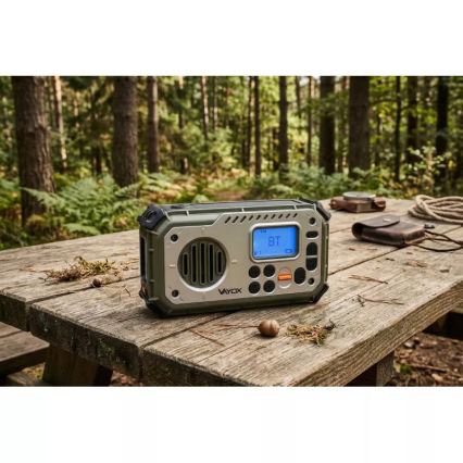 Camping-Radio mit Kurbel, Solarpanel und LED-Taschenlampe mit Powerbank-Funktion, 5 V / 3×AAA / 2000 mAh, IPX4, grün