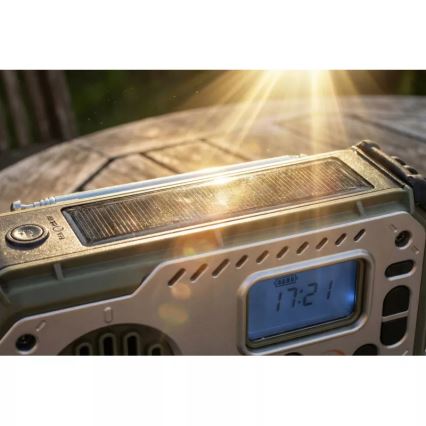 Camping-Radio mit Kurbel, Solarpanel und LED-Taschenlampe mit Powerbank-Funktion, 5 V / 3×AAA / 2000 mAh, IPX4, grün