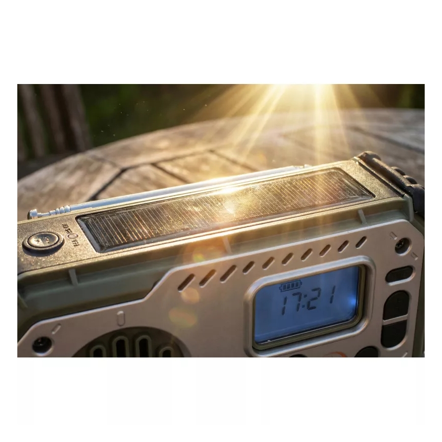 Camping-Radio mit Kurbel, Solarpanel und LED-Taschenlampe mit Powerbank-Funktion, 5 V / 3×AAA / 2000 mAh, IPX4, grün