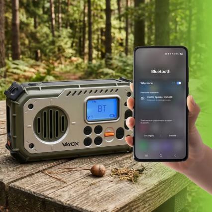 Camping-Radio mit Kurbel, Solarpanel und LED-Taschenlampe mit Powerbank-Funktion, 5 V / 3×AAA / 2000 mAh, IPX4, grün