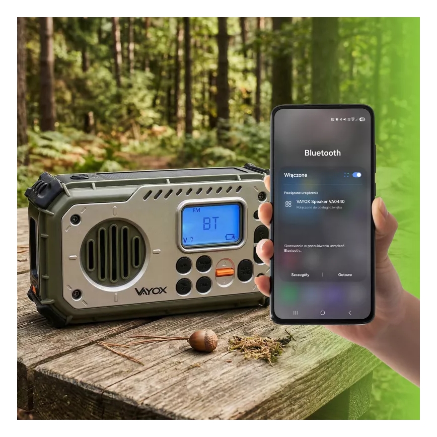 Camping-Radio mit Kurbel, Solarpanel und LED-Taschenlampe mit Powerbank-Funktion, 5 V / 3×AAA / 2000 mAh, IPX4, grün