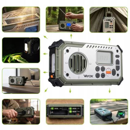 Camping-Radio mit Kurbel, Solarpanel und LED-Taschenlampe mit Powerbank-Funktion, 5 V / 3×AAA / 2000 mAh, IPX4, grün