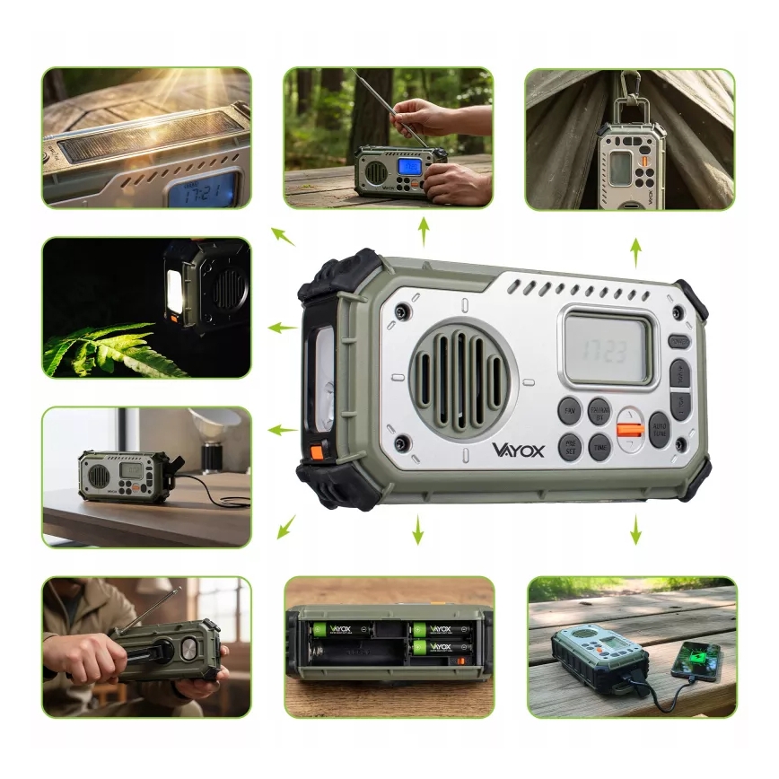 Camping-Radio mit Kurbel, Solarpanel und LED-Taschenlampe mit Powerbank-Funktion, 5 V / 3×AAA / 2000 mAh, IPX4, grün