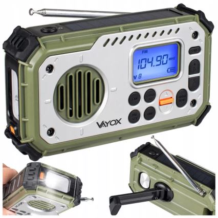 Camping-Radio mit Kurbel, Solarpanel und LED-Taschenlampe mit Powerbank-Funktion, 5 V / 3×AAA / 2000 mAh, IPX4, grün