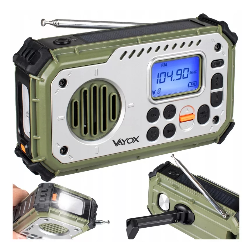 Camping-Radio mit Kurbel, Solarpanel und LED-Taschenlampe mit Powerbank-Funktion, 5 V / 3×AAA / 2000 mAh, IPX4, grün