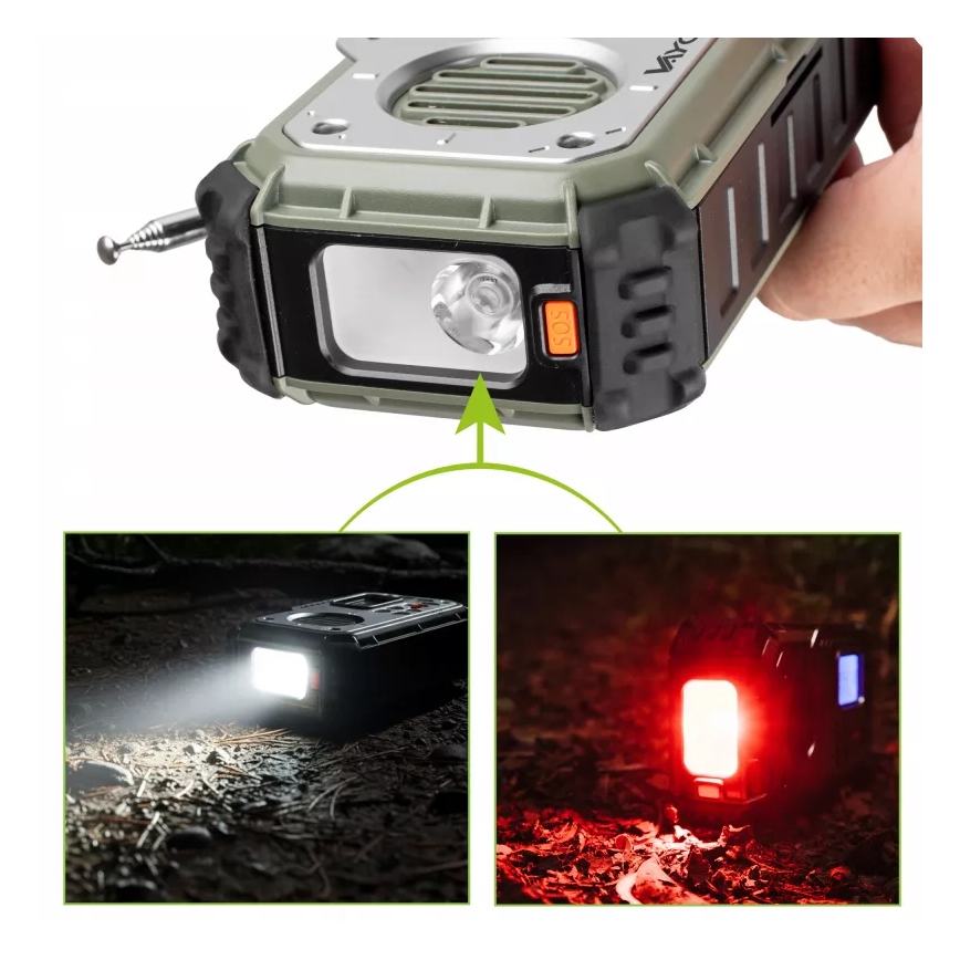 Camping-Radio mit Kurbel, Solarpanel und LED-Taschenlampe mit Powerbank-Funktion, 5 V / 3×AAA / 2000 mAh, IPX4, grün