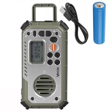 Camping-Radio mit Kurbel, Solarpanel und LED-Taschenlampe mit Powerbank-Funktion, 5 V / 3×AAA / 2000 mAh, IPX4, grün